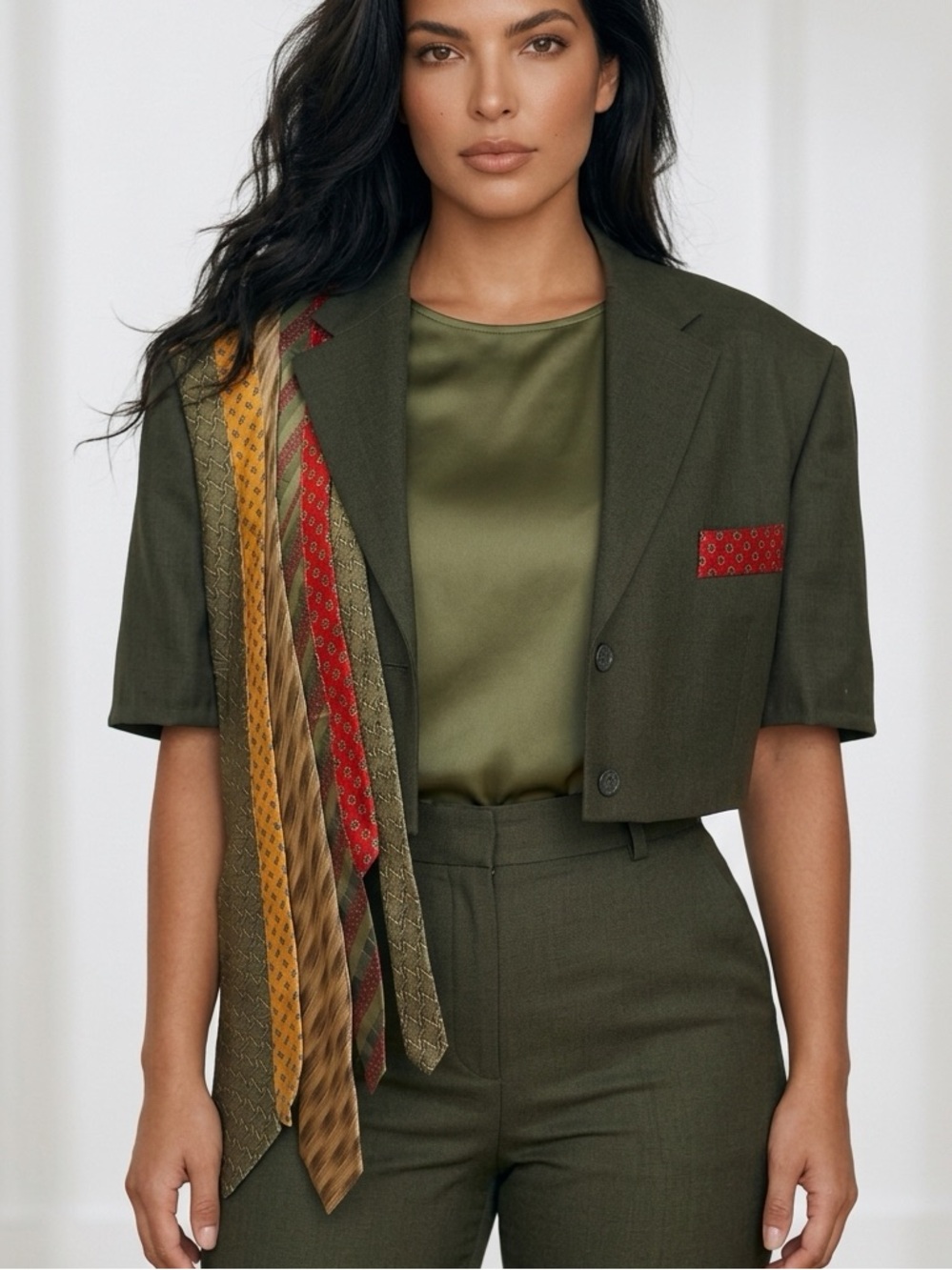 Upcycled Olive Cropped Short-Sleeve Blazer with Multicolor Tie Accent size 2X